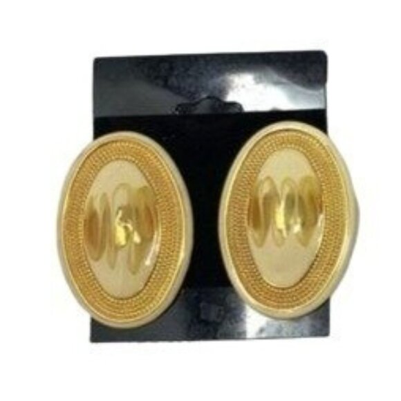 Vintage Pierced Earrings Metal Oval Geometric Gold Cream Retro 80s 90s - Picture 3 of 4